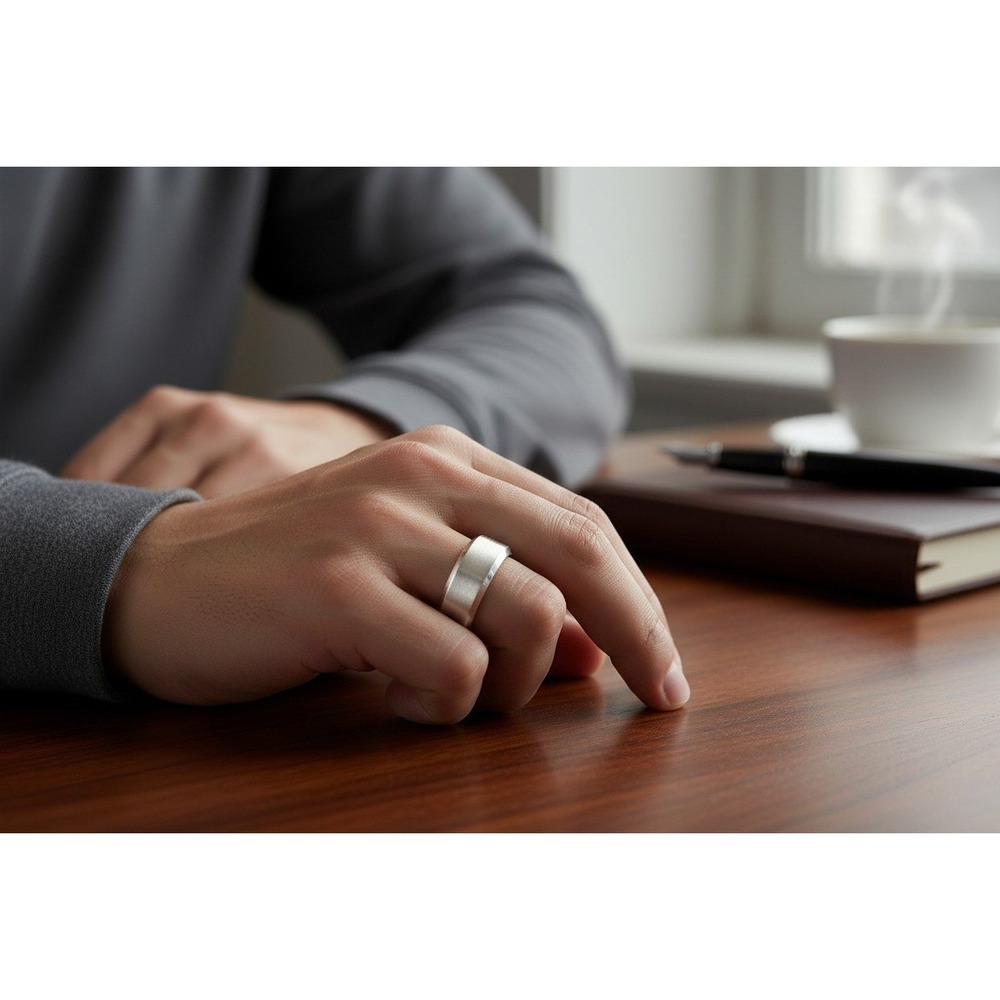 Mens Brushed Silver Tone Band‎ Ring Classic Minimalist Flat Beveled Edge Design